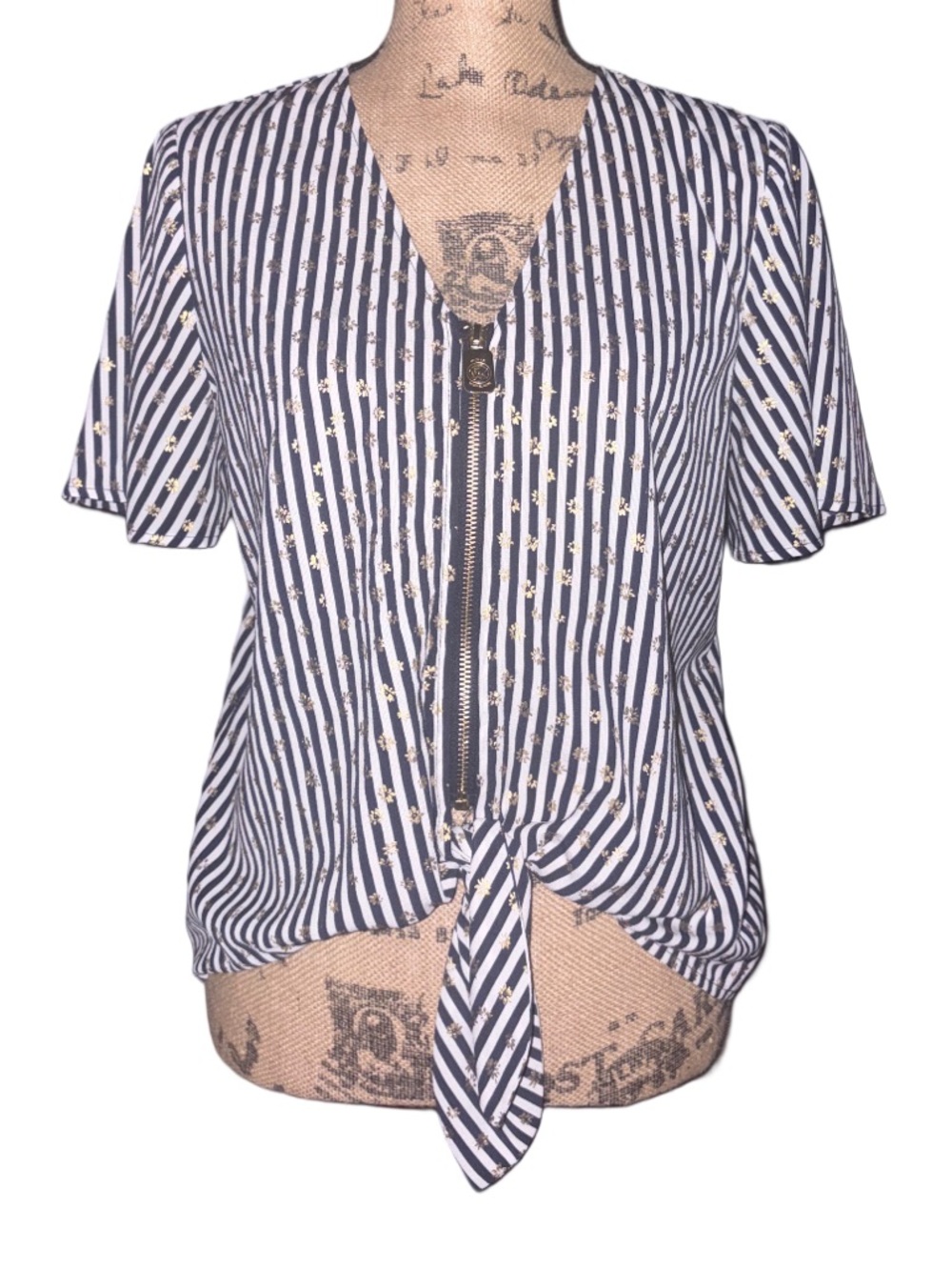 Michael Kors Navy and White Striped Zipper Tie Front Blouse